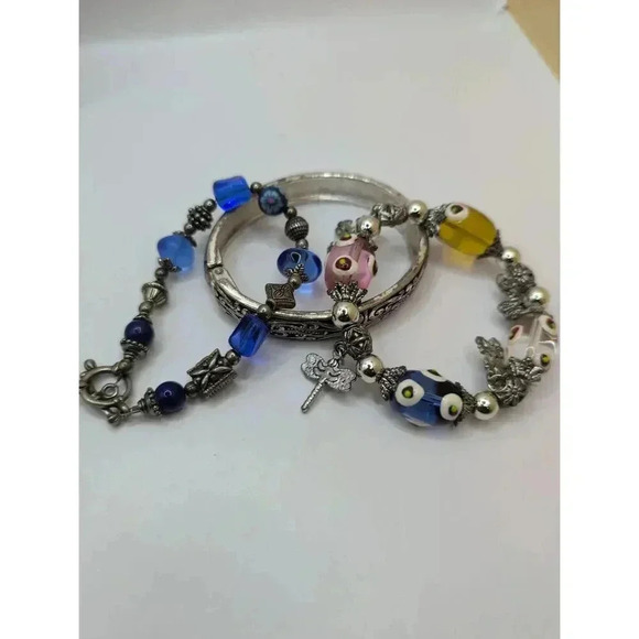 Silvertone Glass Bead Charm Bracelet bundle + Silvertone filagree bangle - Picture 1 of 8